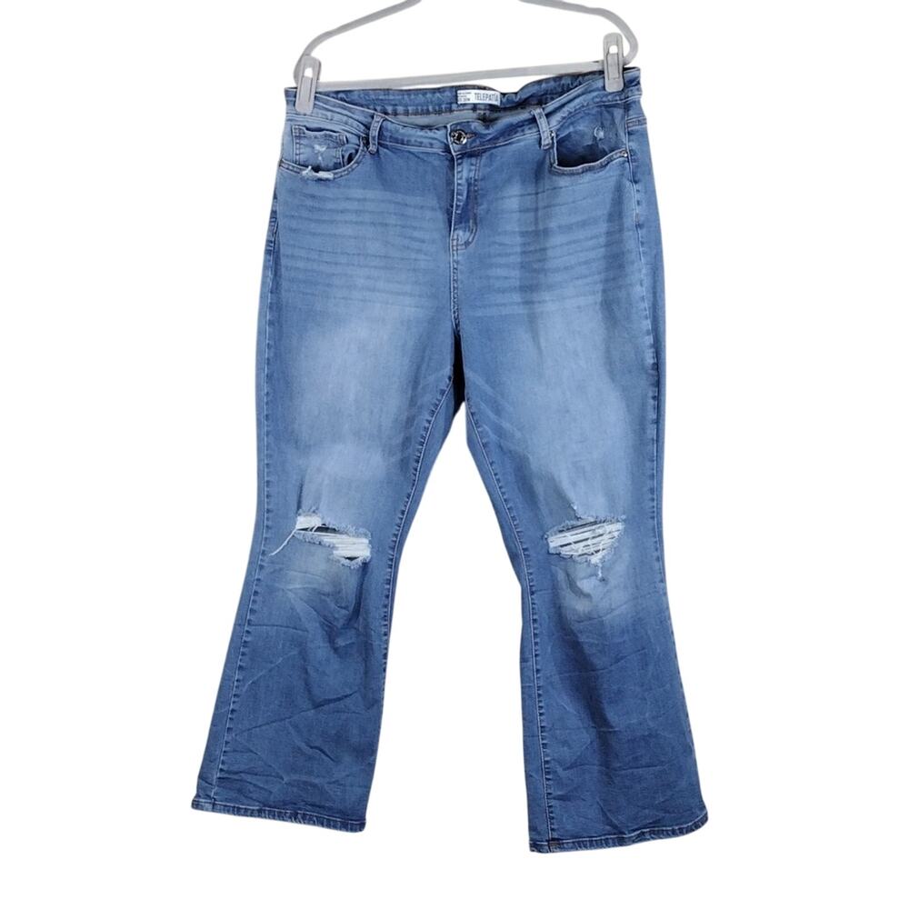 Telepatia Plus Size Women's Blue Denim Cotton Flare Ripped Distressed Jeans